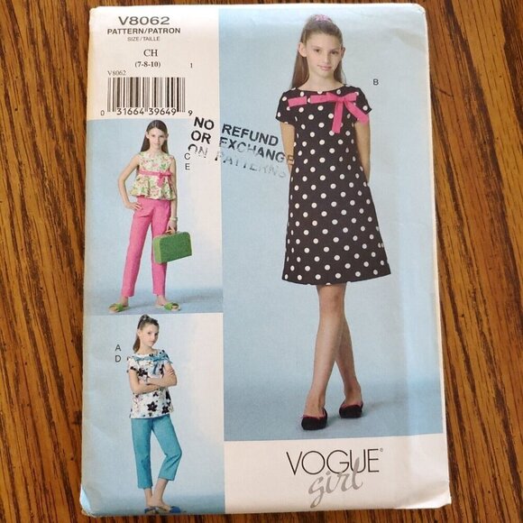 Y2K Vogue Girl Pattern V8062 Dress Top Shirt Contrast Bow Pants 7 8 10 - Picture 2 of 3